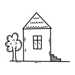 Cute doodle house. Sketch illustration by hand. Drawing with contour line.