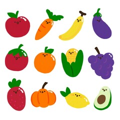 Fruits and Vegetables Hand drawn Set. Cute face eyes.Cartoon kawaii character. Flat design Isolated on white background.
