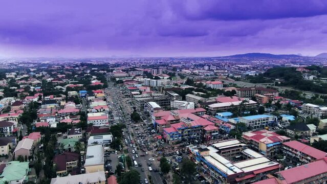 Ascending Aerial View Of The Banex Plaza Wuse 2 Shopping Area And Neighborhood In Abuja, Nigeria