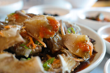 Korean traditional food eaten with fresh live crab seasoned with soy sauce