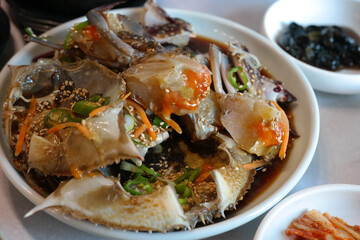 Korean traditional food eaten with fresh live crab seasoned with soy sauce © hyungmin