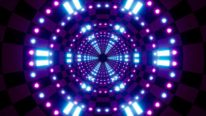 Flashing and fast changing neon dot light checkered tunnel