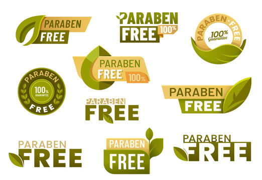 Paraben free labels and icons for cosmetics. Skincare and beauty products without paraben preservative. Vector symbol of safe and natural cosmetics. Badge, pictogram and sticker with green leaf