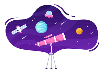 Astronomy Cartoon Illustration with Telescope for Watching Starry Sky, Galaxy and Planets in Outer Space in Flat Hand Drawn Style © denayune