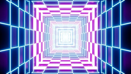Purple and Blue Colored Mosaic Pattern Neon Light Tunnel 3D Rendering