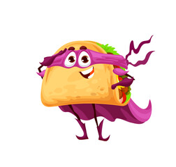 Cartoon mexican tacos superhero character. Funny fast food meal with tortilla, vegetables and grounded meat. Isolated happy smiling tacos defender or hero vector personage in mask, cloak and boots