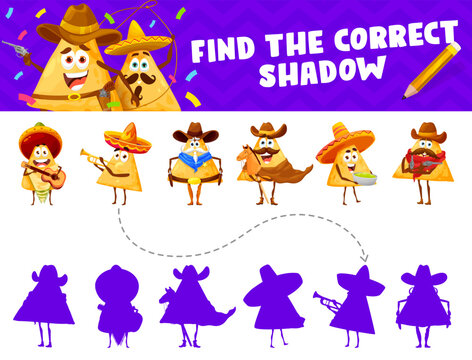Funny mexican nachos chips characters. Find a correct shadow silhouette game. Kids match riddle with tex mex snack mariachi and cowboy personages. Cartoon worksheet puzzle test for children education