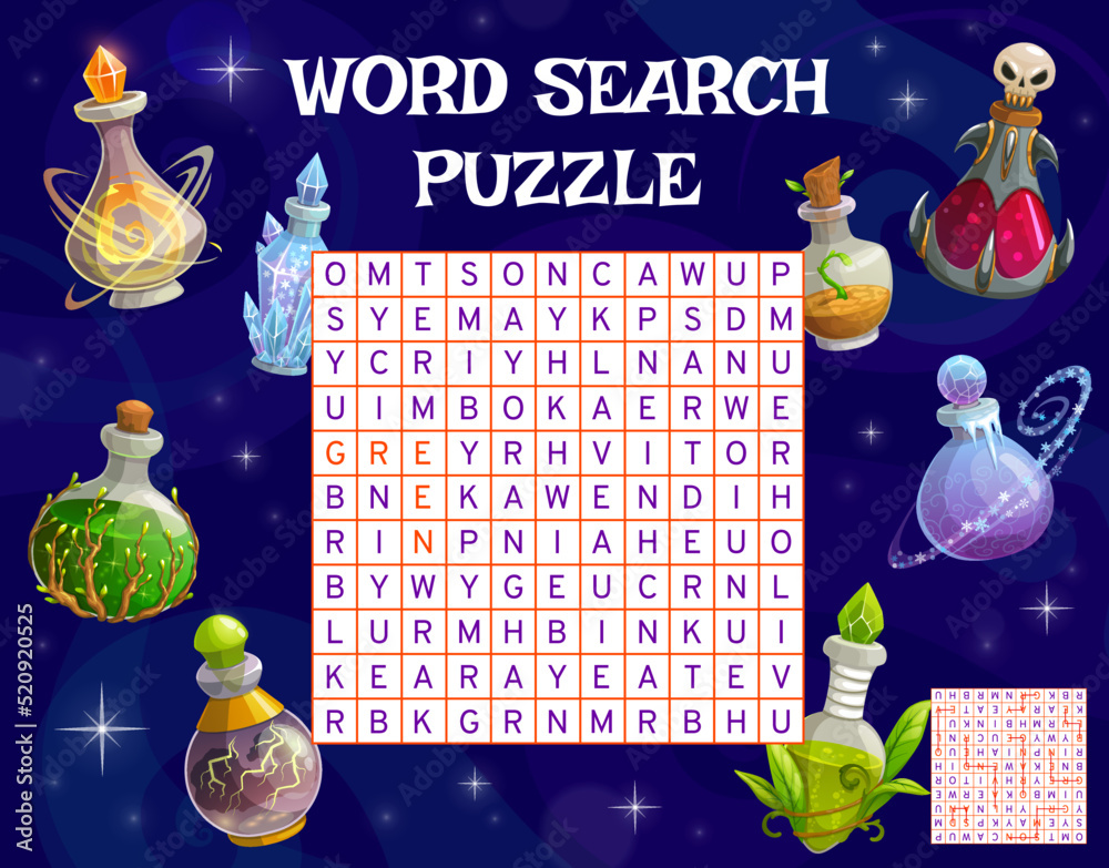Aufkleber magic potion bottles of halloween. word search puzzle game worksheet. quiz grid, vocabulary riddle a