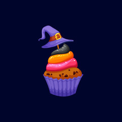 Cupcake with witch hat isolated cartoon glossy food dessert. Vector muffin pastry cake bun bakery with buttercream. Halloween trick or treat chocolate bakery with decoration, holiday party sweets