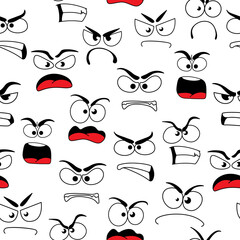 Cartoon grumble and angry faces seamless pattern. Vector background with negative emoji, grouse characters with evil eyes and yelling mouth. Griper facial expression, growl , comic murmur personage