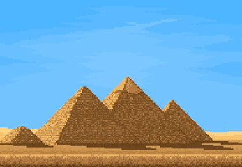 Fototapeta na wymiar 8 bit pixel pyramids in Egypt desert, pixel art game level landscape. Retro video game vector background with egyptian sand desert, ancient pharaoh pyramids and blue sky, arcade game nature location