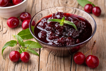 Jars with freshly homemade cherry jam, sour cherry jam, Turkish name; Visne receli