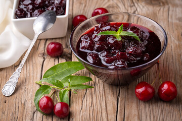 Jars with freshly homemade cherry jam, sour cherry jam, Turkish name; Visne receli