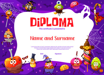 Kids Halloween diploma, cartoon Halloween candy characters background frame. Vector diploma or certificate of kids education with trick or treat sweet food personages, pumpkin cakes and lollipops