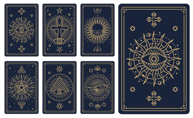 Tarot cards. Astrology card occult mason symbols, tarot arcana cards with esoteric alchemy vector signs, All-Seeing Eye of God, egyptian ankh and horus eye, pentagram, human skull, sun and moon - obrazy, fototapety, plakaty