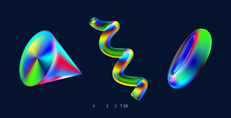 Set of colored 3D objects on a dark background.