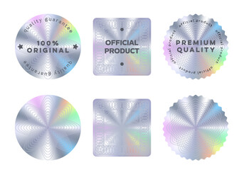 Hologram stickers or labels with holographic texture. Vector silver round, square and wavy product quality guarantee badge, original official seal. Realistic holograms for product packaging - obrazy, fototapety, plakaty