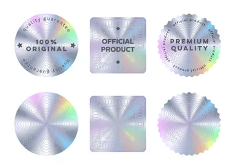 Foto op Plexiglas Hologram stickers or labels with holographic texture. Vector silver round, square and wavy product quality guarantee badge, original official seal. Realistic holograms for product packaging © Vector Tradition