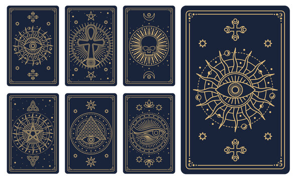 Tarot cards. Astrology card occult mason symbols, tarot arcana cards with esoteric alchemy vector signs, All-Seeing Eye of God, egyptian ankh and horus eye, pentagram, human skull, sun and moon