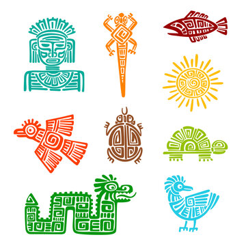 Mayan aztec totem animals, vector animal symbols with tribal ethnic pattern of ancient native mexicans or inca. Lizard, sun, snake and eagle, god or idol, turtle, fish and crow indigenous totems