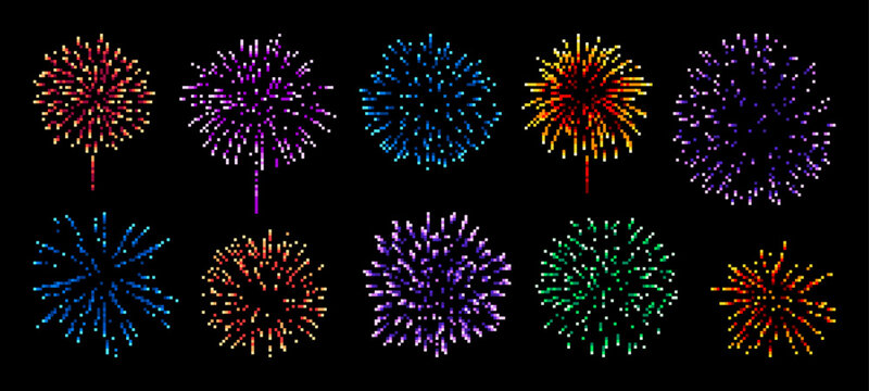 Pixel art firework explosion. 8bit game asset. Party firework explosion 8 bit arcade pixel asset, New Year holiday celebration, carnival firework cubic pixel burst retro game isolated vector asset