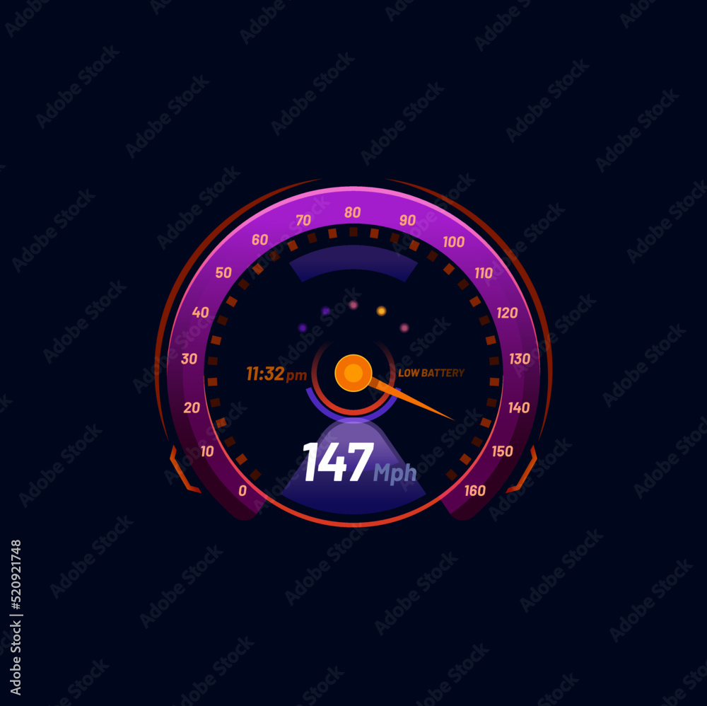 Poster car futuristic neon speedometer dial gauge. Auto or motorbike speed meter neon interface, isolated tachometer futuristic round scale or vector odometer future counter with MPH data and violet gauge