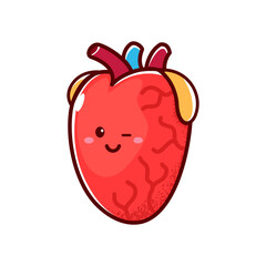 Cute cartoon smiling healthy heart character happy emoji emotion. Vector funny circulatory organ, cardiology emblem. Cute kawaii heart