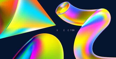 Set of colored 3D objects on a dark background.