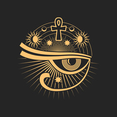 Horus prediction eye, tarot magic symbol, ethnic amulet with Egypt cross and all seeing eye. Vector occultism holistic vision sign, tribal chakra rays - obrazy, fototapety, plakaty