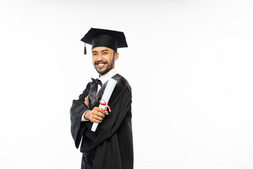Bearded adult man wearing toga smiling holding certificate paper graduation symbol on white background - obrazy, fototapety, plakaty