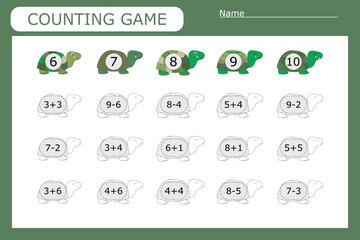 How many counting game with green turtles.  Preschool worksheet, kids activity sheet, printable worksheet
