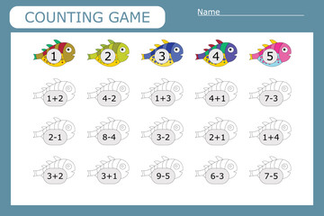 How many counting game with colorful  fishes.  Preschool worksheet, kids activity sheet, printable worksheet
