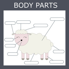 Write down the body parts of the sheep. Educational game for children.