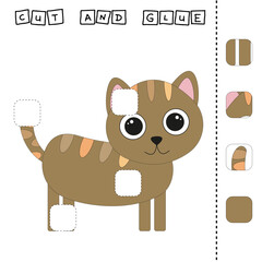 Cut out and glue. Educational game for children. Vector template with cat