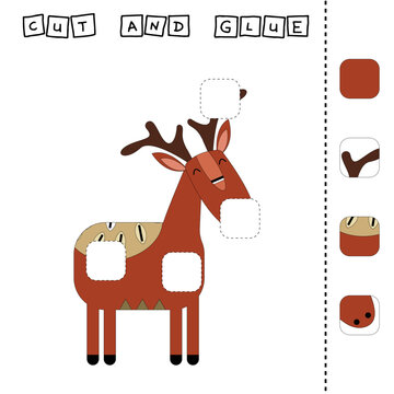 Paper game for the development of preschoolers. Cut out parts of the image and glue on the deer. A fun game for kids 