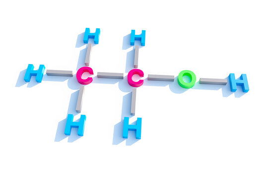 3D Model Structural chemical formula and model of ethanol molecule.Alcohol (ethanol, ethyl alcohol) molecule, chemical structure.3d rendering.