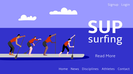 Web banner for sup surfing Team of women on the way to the finish line. Vector flat illustration.