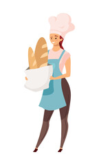 Baker with bread loaves semi flat color vector character. Bakery products. Full body person on white. Occupation simple cartoon style illustration for web graphic design and animation