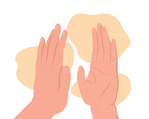 High five 2D vector isolated illustration. Up high flat hand gesture on cartoon background. Slap hand. Greetings and congratulation colourful editable scene for mobile, website, presentation