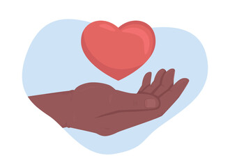 Humanitarian help 2D vector isolated illustration. Palm and heart flat hand gesture on cartoon background. Kindness and compassion colourful editable scene for mobile, website, presentation