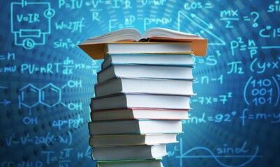A pile of books while mathematical equations and graphs in the screen against a dark background