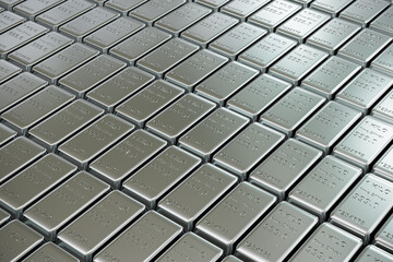 Business, Financial, Bank Silver Reserves Concept. Stack of Silver Bars in the Bank Vault Abstract Background.Close up view of Silver bars or ingots in bank vault background. Precious metal.