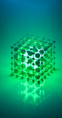Cube.Cube atom object 3D rendering .The structure of a crystalline solid. The unit cell consists of lattice points that represent the locations of atoms or ions.rendering