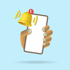 A ringing bell with the number 1 means the arrival of a new online message,
Vector illustration, 3d.