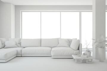 White minimalist living room with sofa. Scandinavian interior design. 3D illustration