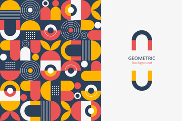 Abstract flat geometric background, template design of mosaic pattern with the simple shape of circles, lines, and dots. Landing page design, Vector Illustration.