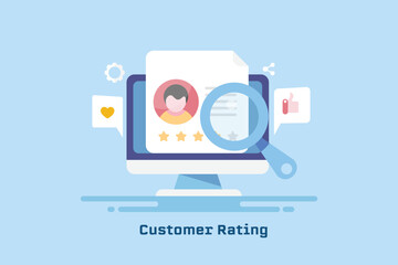 Webpage on computer screen showing customer feedback, review and five star rating concept.