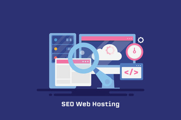 Cloud web hosting service for seo optimization conceptual flat design web banner.