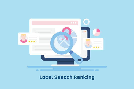 Local SEO - Business listing on search engine, map point of shop location displaying on website navigation concept.