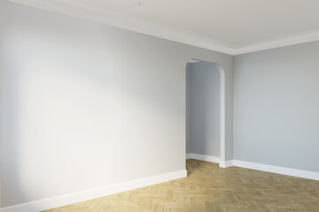 An empty bright modern classic room with sunlight on the blank light gray wall near an arched doorway, built-in lamps in the ceiling, and a parquet floor. 3d render